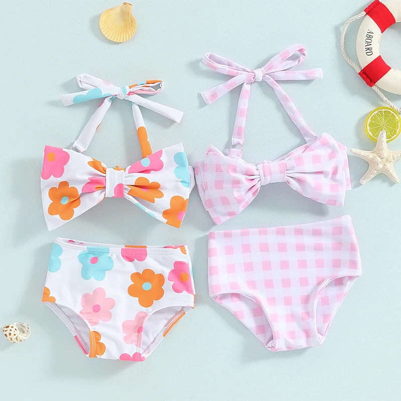 Toddler Girl Bikini Set Baby Kid Summer Swimsuit Bathing Suit Flower Plaid Print Sleeveless Bow Bikini Tops with Short Swimwear 1