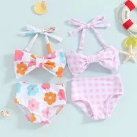 Toddler Girl Bikini Set Baby Kid Summer Swimsuit Bathing Suit Flower Plaid Print Sleeveless Bow Bikini Tops with Short Swimwear 1