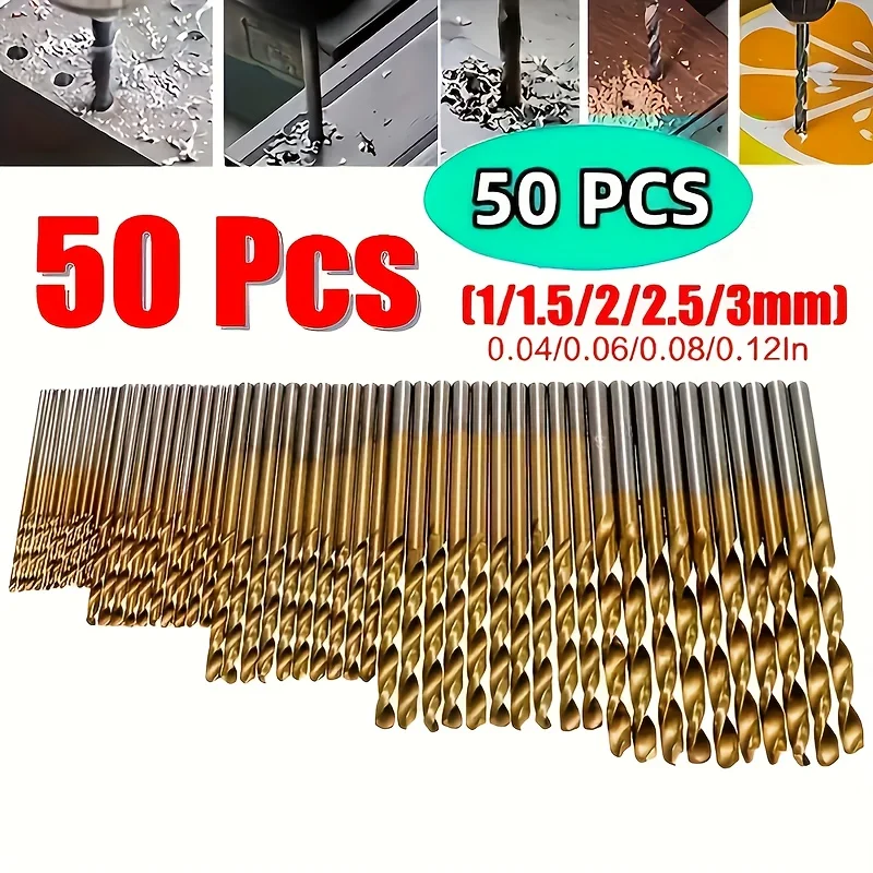 GOXAWEE 50-Piece Titanium Coated HSS Drill Bit Set, 1-3mm, Twist Flute & Round Shank, for Wood, Metal, Plastic & Drywall