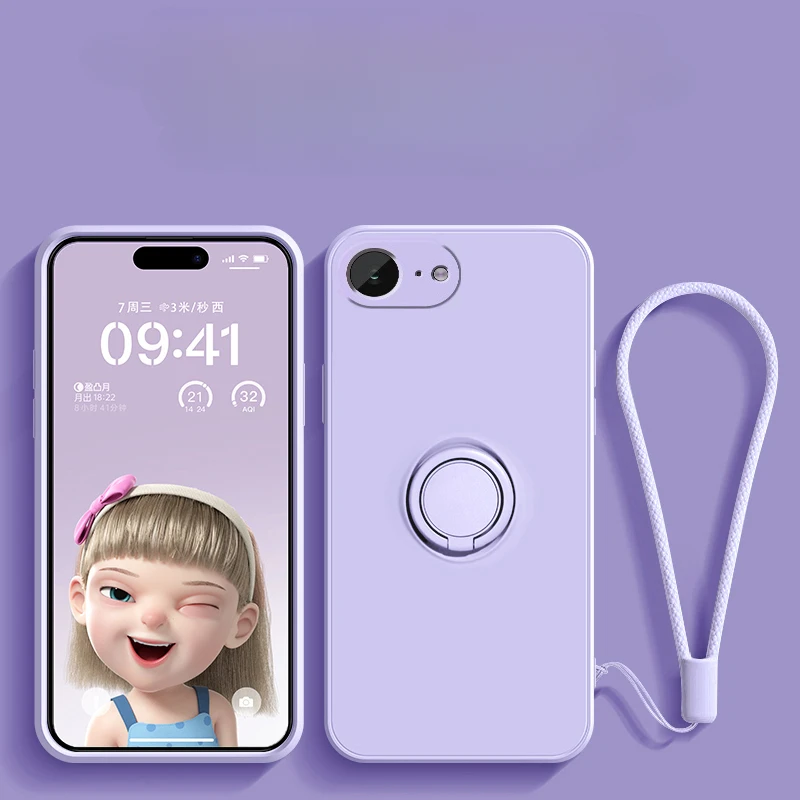 Liquid Silicone Ring Stand Phone Case with Lanyard and Magnetic Soft TPU Cover