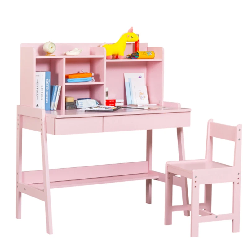 Modern classic desk, children's desk, solid wood bedroom boy and girl family desk and chair set, Pink