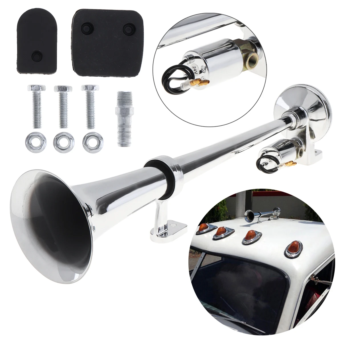 17 Inch 12V / 24V 150dB Super Loud Single Trumpet Car Air Operated Horn For Truck Boat Train Lorry Motorcycle Boat Truck Car Siren Horn Car Air Horn Motorcycle Horn Train Horn
