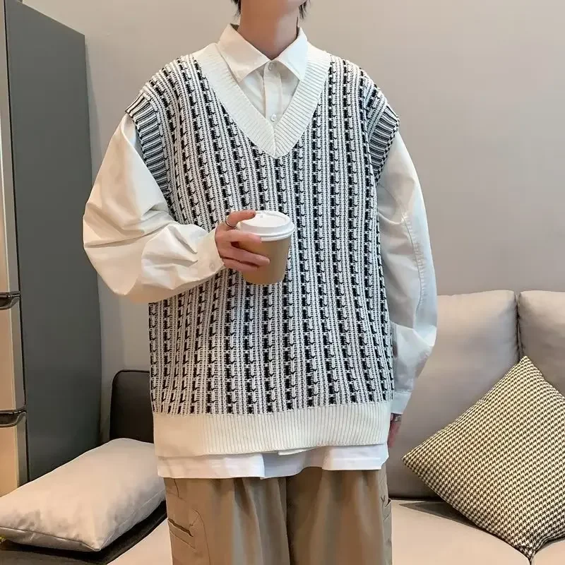 남성용 V넥 스웨트 베스트, 유니섹스 상의, 한국 니트 어깨 조끼, 캐주얼 장면, 크루넥 풀오버, 가을, 새로운 스타일