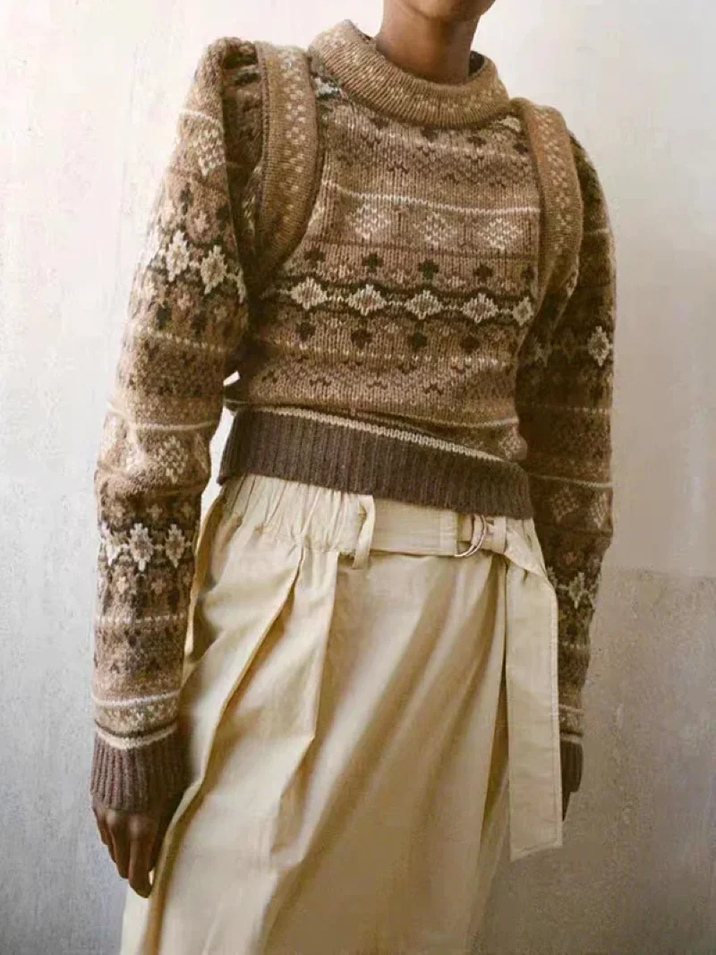 

Women Sweater Geometric Jacquard O-Neck Long Sleeve Vintage Knitted Pullover