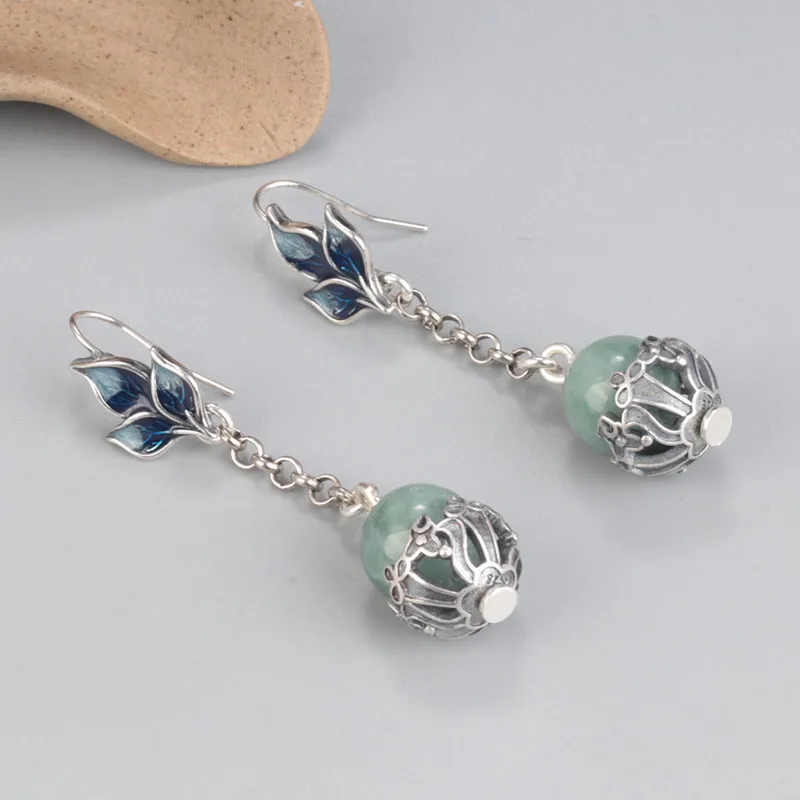 925 Sterling Silver Enamel Leaf Emerald Round Bead Earrings for Women Vintage Ethnic Style Long Handmade Drop Earrings Wholesale