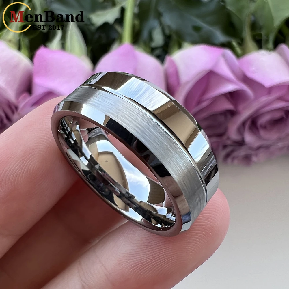 MenBand 6MM 8MM Classic 100% Pure Tungsten Carbide Rings  Men Women Wedding Band Beveled Grooved Finish Comfort Fit