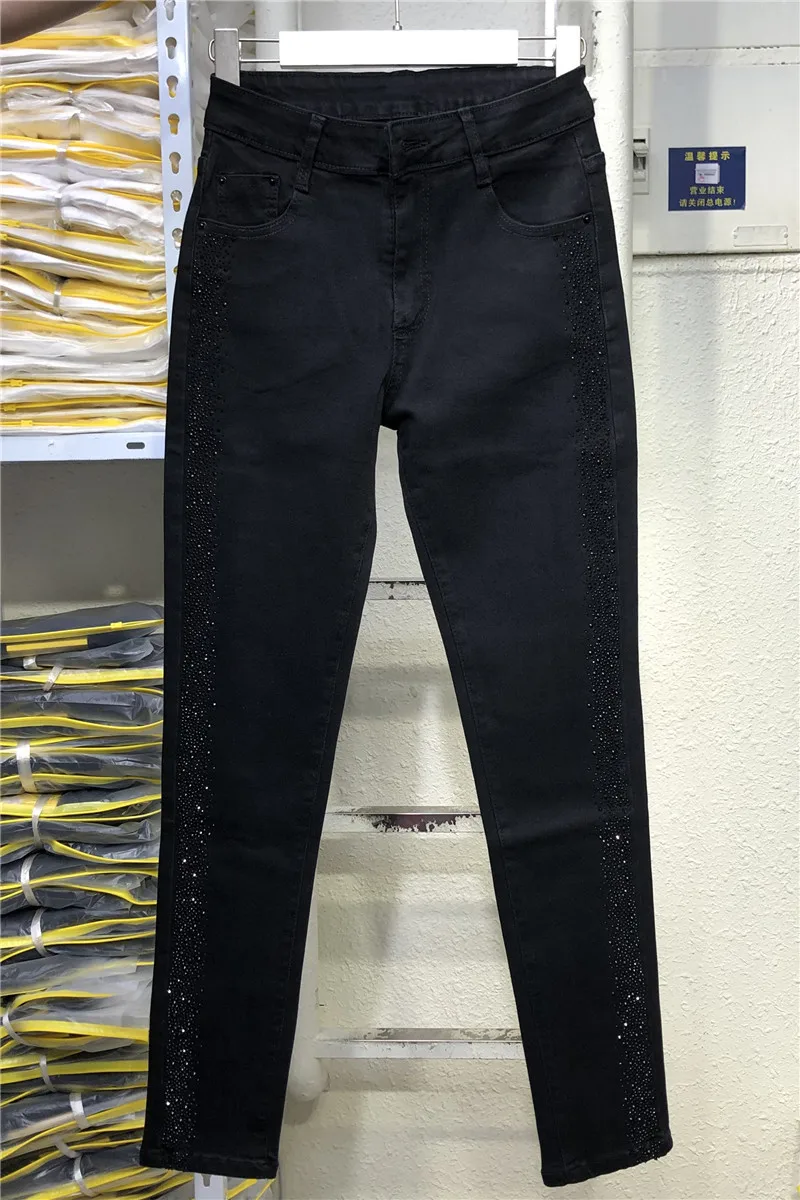 Black Fleece Thick Rhinestone Jeans for Women 2023 Fall Winter New Slim Fit  Slimming Elastic High Waist Pencil Trousers Fleece - AliExpress