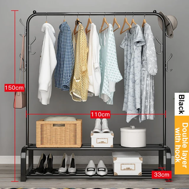 Garment Rack Free-standing Clothes Rack with Top Rod,Coat Rack Clothes, Hanger Wardrobe ,Clothes for Rack Lower Storage B-2layer-hook -110cm