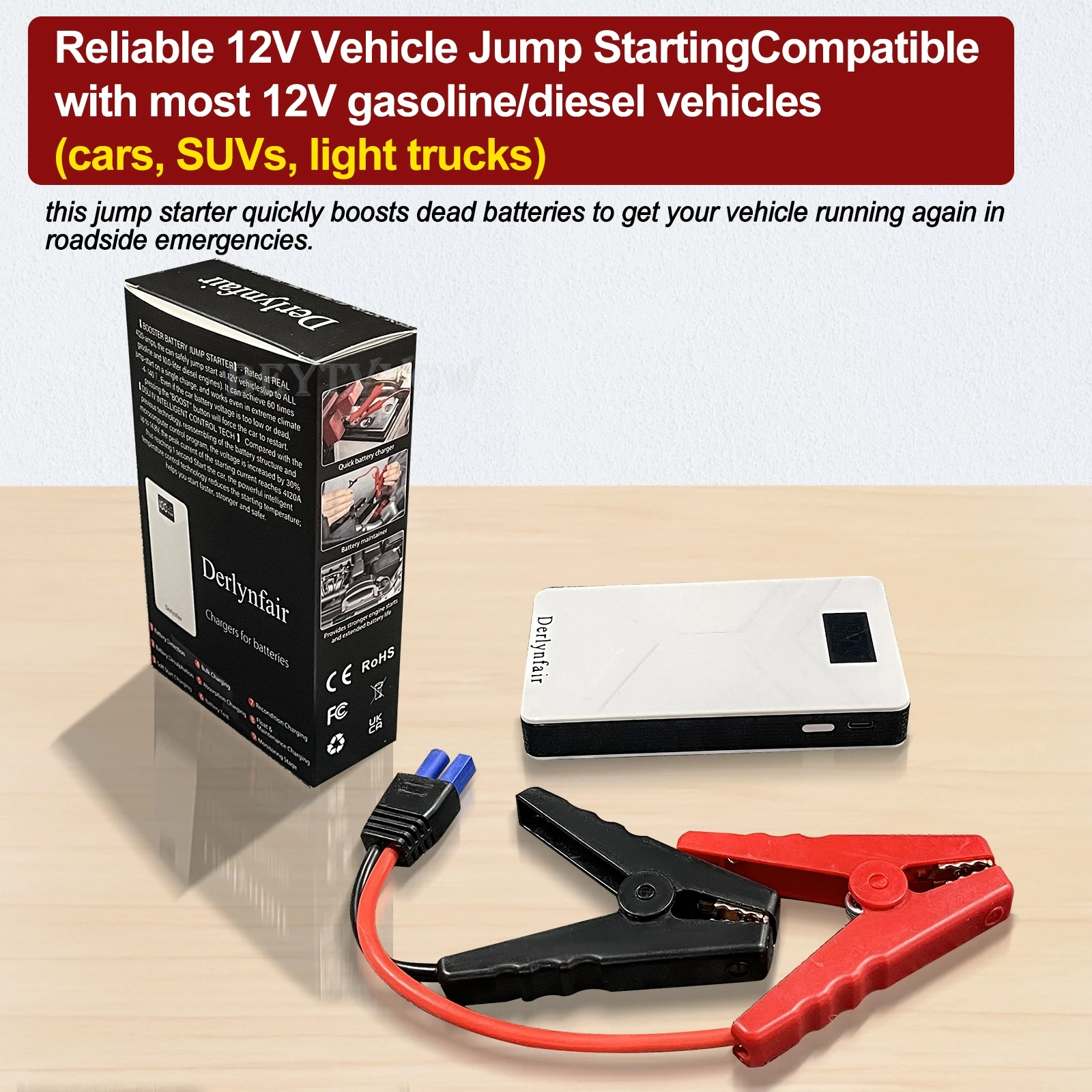 Derlynfair 12V Car Jump Starter with Digital Display - Portable Automotive Batte