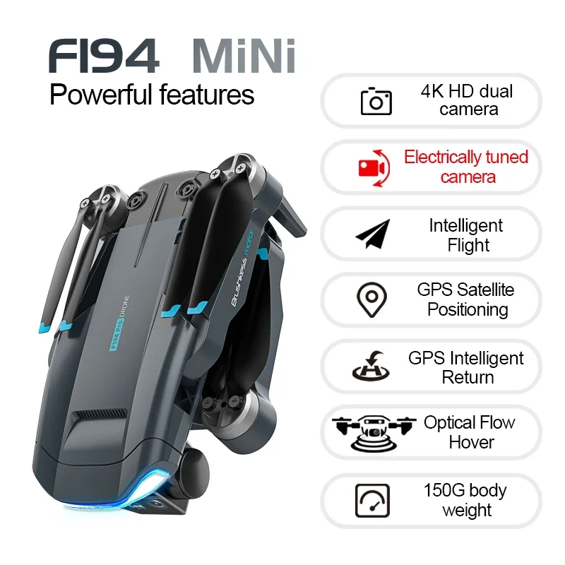 F194 드론 GPS 포지셔닝 4K 초광각 멀티 배터리 범위, 브러시리스 광학 흐름 장애물 회피 듀얼 카메라