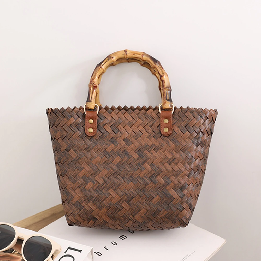 

Fashion Woven Beach Basket Bag Women Handbags Boho Bamboo Handle Straw Bags for Women 2023 Rattan Bag Female Tote Purse Clutch