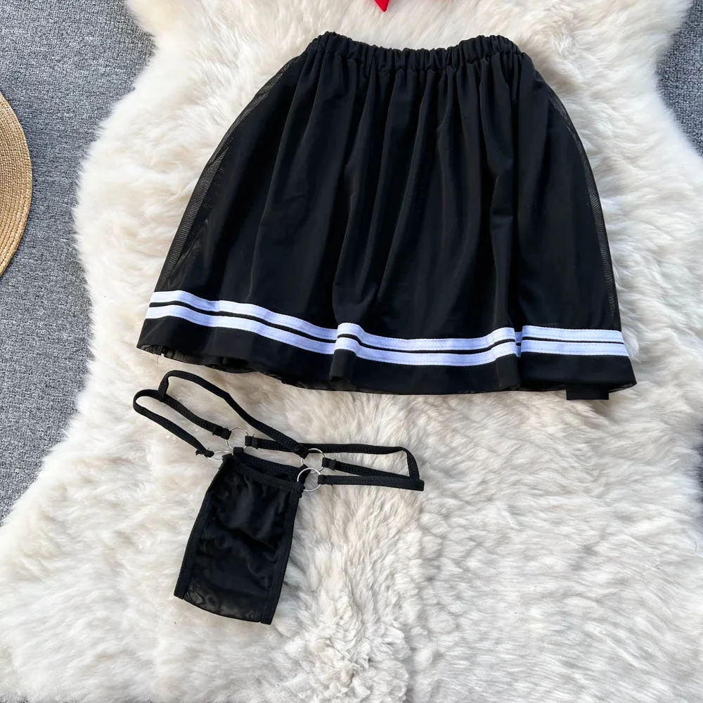 New Sailor Japanese Style Sweet Erotict Suits Female Short Sleeve Bow TieTops+Pleated Mini Skirt Lingerie Women Sheer Sexy Sets