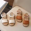 Unishuni Girls Sandals Princess One-Strap Summer Shoes Child Soft Skin-Friendly Cloth Sandal Kids Lace Pearl Bohemia Beach Flats 1