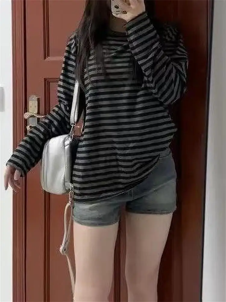 Japanese Y2k Clothing Long Sleeves T-shirt Autumn Women Striped Tops Loose Thin Grunge 2000s Streetwear Top 5