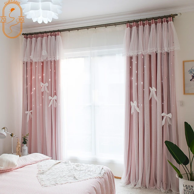 Cortinas de doble capa para habitación de niñas, decoración de encaje rosa  con lazo, para sala de estar, dormitorio, balcón, ventana flotante,  personalizadas - AliExpress