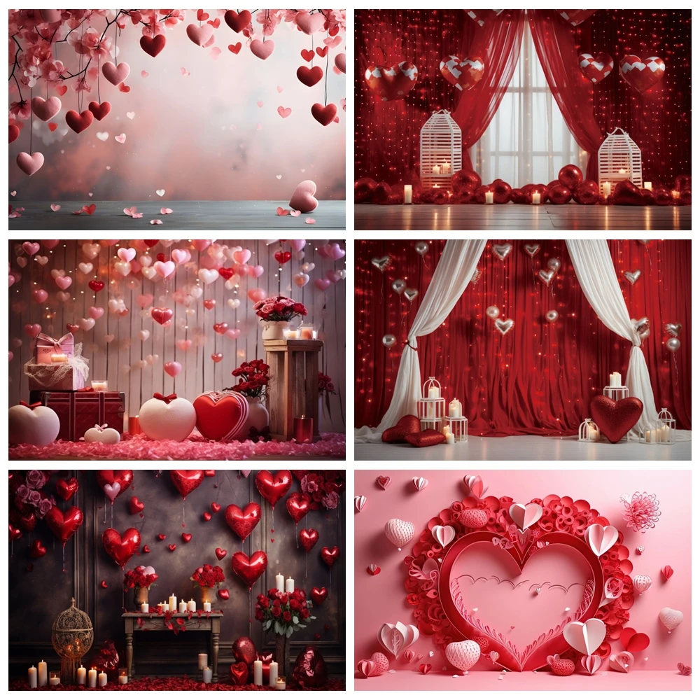 

February 14 Valentine's Day Backdrop Romantic Valentine Scenes Red Love Heart Floral Wedding Portrait Photography Background