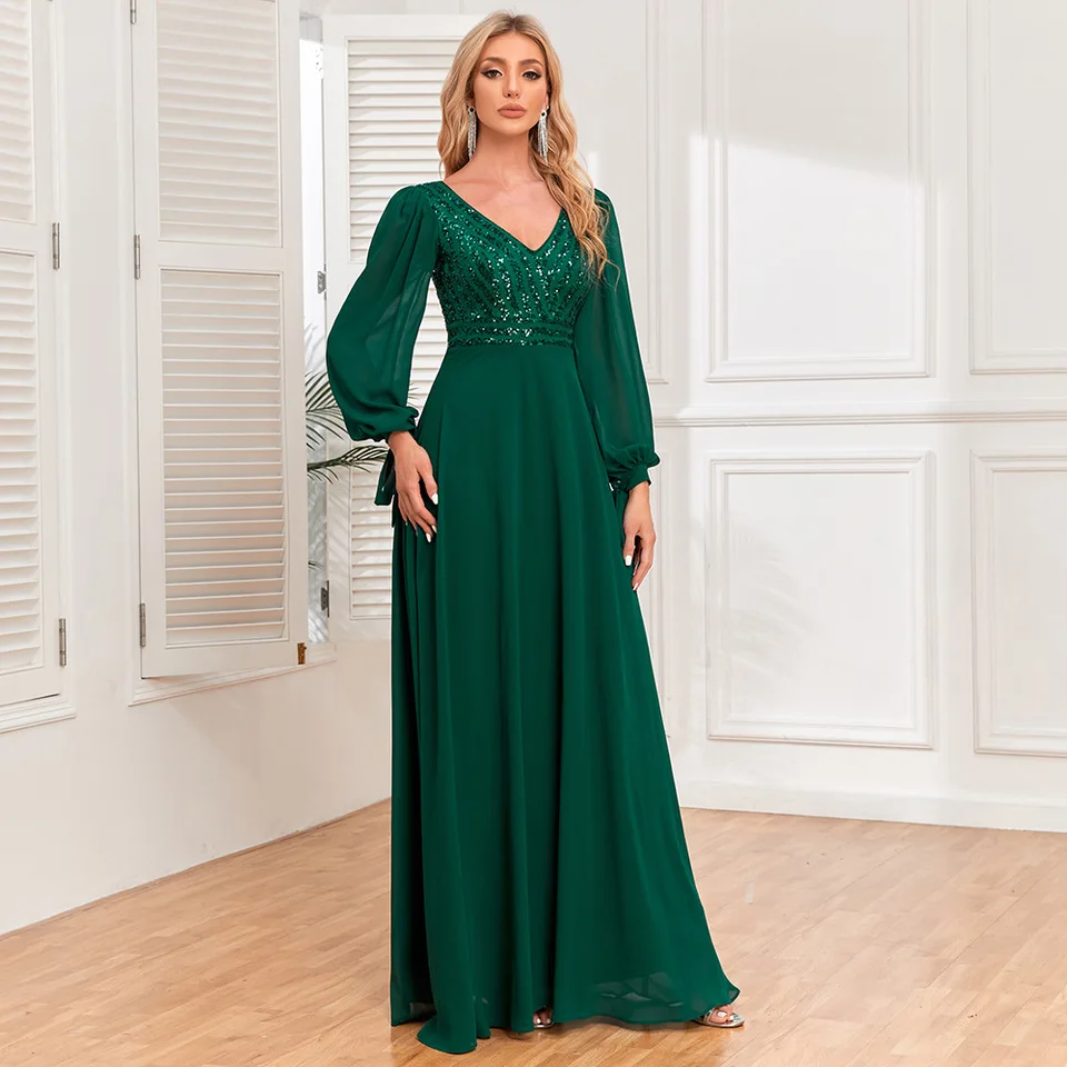 Women Dresses Floor Length Vestidos V Neck Long Sleeve Party Dress Pullover  Loose Fit Solid Sequins High Street Summer 2024 - AliExpress 200000345