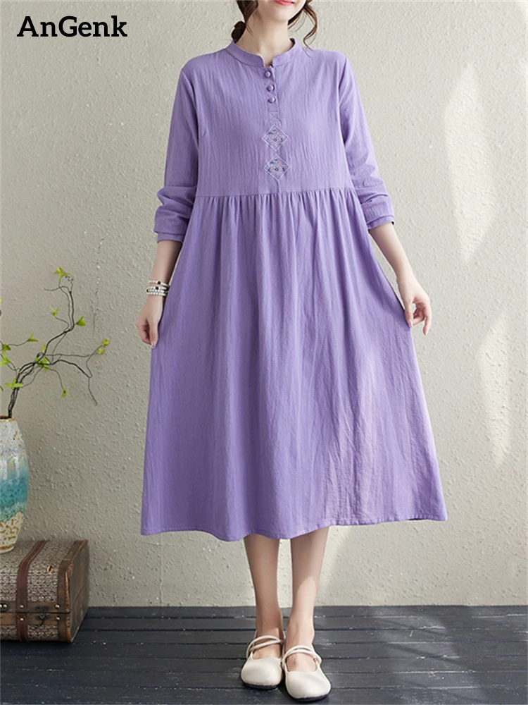 

Женское хлопковое винтажное платье с принтом, фиолетовое Повседневное платье с длинным рукавом, элегантная одежда для офиса, осень 2023