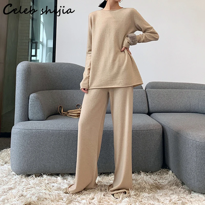 New Cashmere Pants Sets Woman Oversized Sweater and Elastic Waist Pants Autumn Winter Elegant Wool 2 Piece Sets Female OL