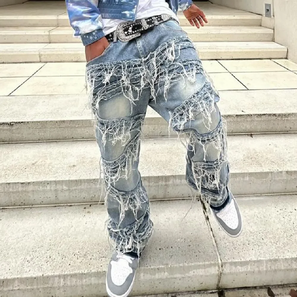 

Retro Style Men Biker Jeans Trousers Stylish High Street Loose Male Stacked Spliced Straight Denim Pants