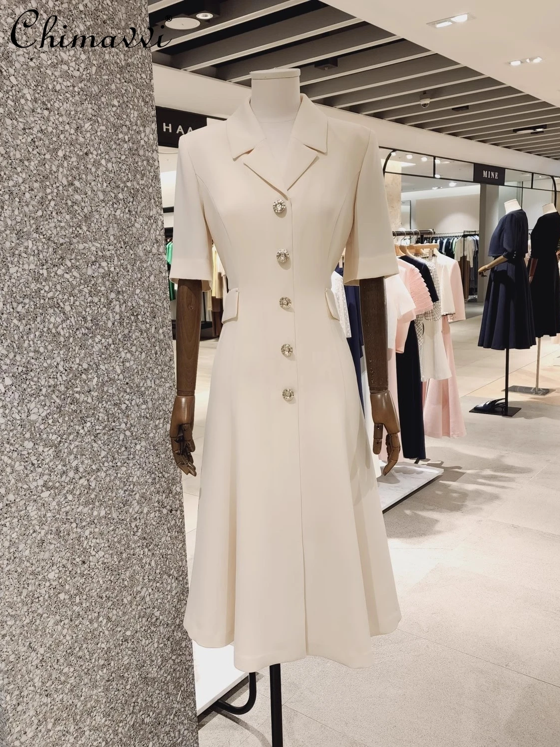 

Summer High-End Fashion Slim Short-Sleeved Suit Collar Single-Breasted Mid-Length A- Line Dress Elegant Ladies Fishtail Dresses
