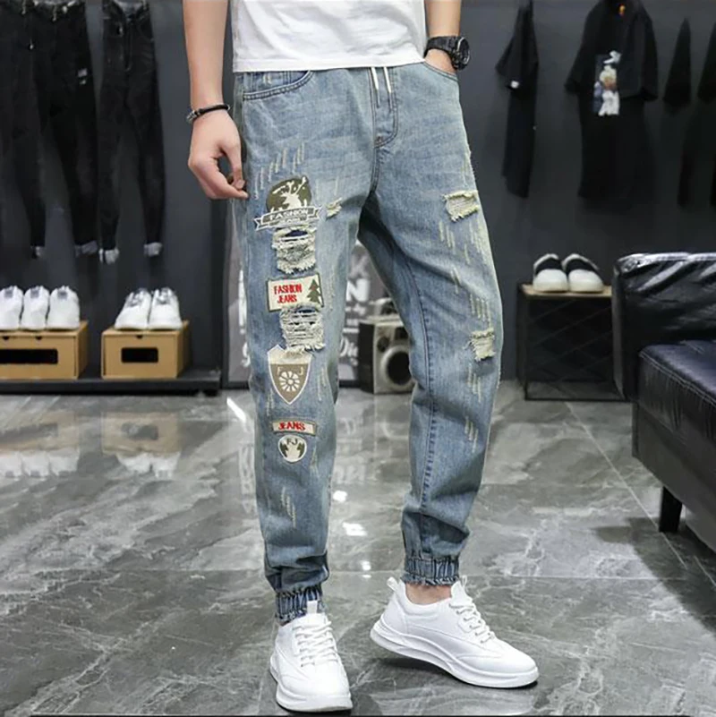 

Ripped Men Jeans Jean Homme Pantalon Streetwear Moda Hombre Denim Trousers Biker High Quality Male Patchwork Harem Fashion