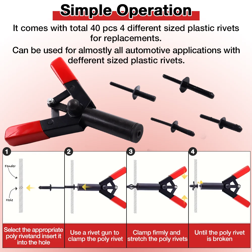 Plastic Rivet Gun Kit, Plastic Rivets, Optional Rivet Removal Tool, Blind Gun, For Installing Removing Auto Door Interiors