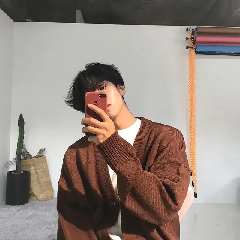 Cardigan Knitted Sweaters for Men No Hoodie V Neck Solid Color Man Clothes Plain Street Ugly Cotton S Japanese Retro Sheap Old A