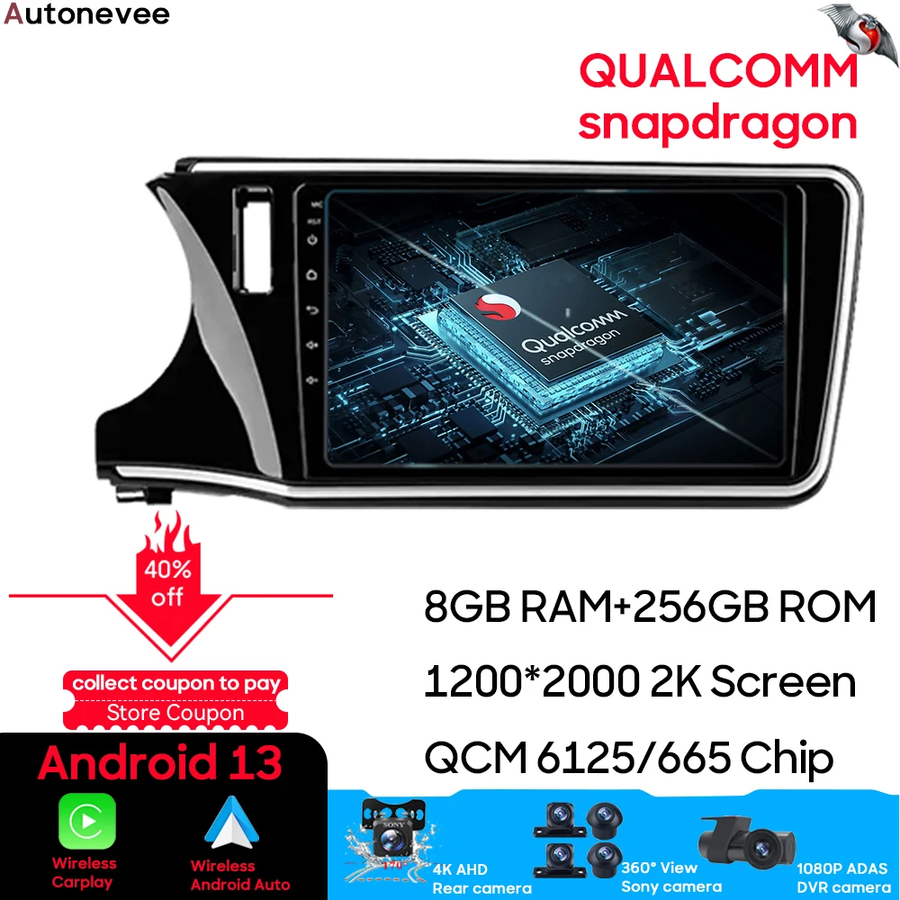 

Qualcomm Snapdragon Android 13 для Honda City 2014 - 2017 Автомобильное радио Мультимедийный видеоплеер GPS-навигация Carplay Задняя камера