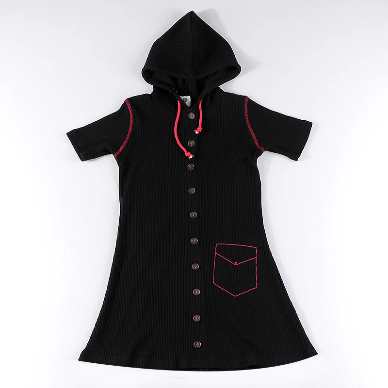 Girls dress summer short sleeve and long sleeve kids clothes front buttons children clothing black ribbed with hooded red string new model children's dress