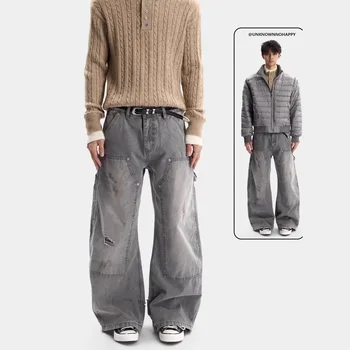 Vintage Distressed Knife Pants Loose Fitting Men's And Women's Style Aged Look Casual Jeans Long Trousers with Pockets 1