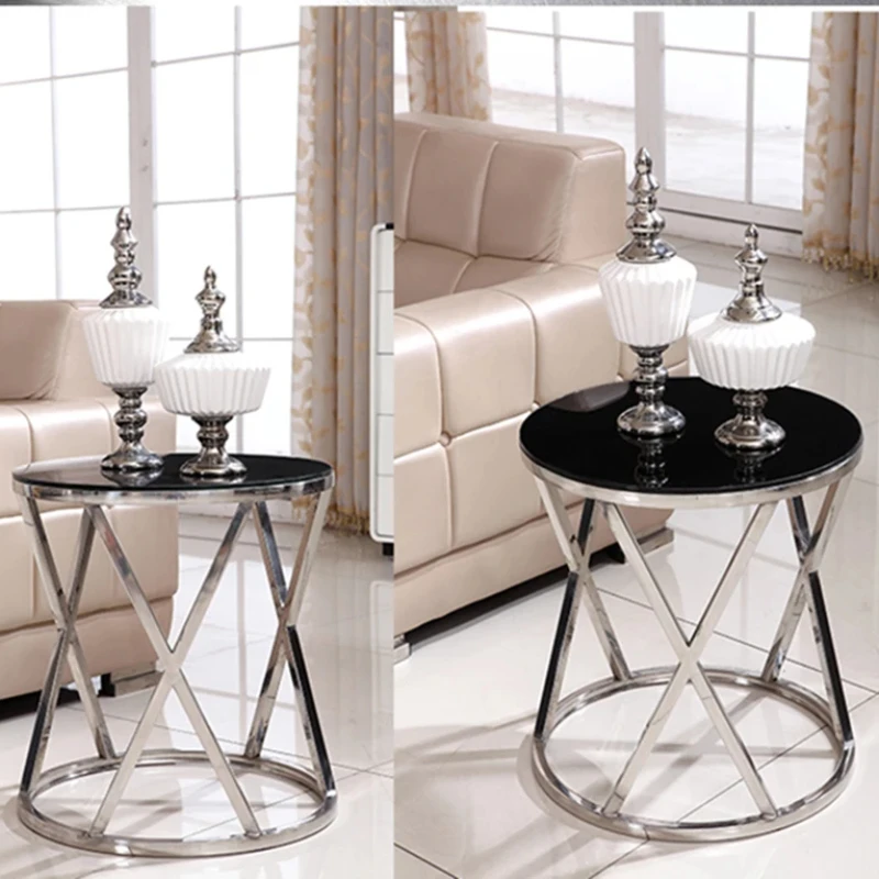 Stainless Steel Sofa Side Table Corner Table Small Apartment Living Room Round Coffee End Tempered Glass Marble Top