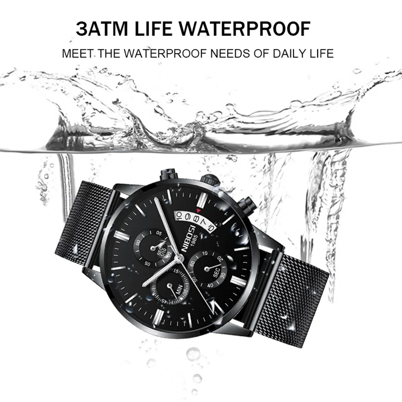 NIBOSI Sport Chronograph Quartz Watch Men  Stainless Steel Mesh Waterproof Mens Watches Top Brand Luxury Watch Relogio Masculino