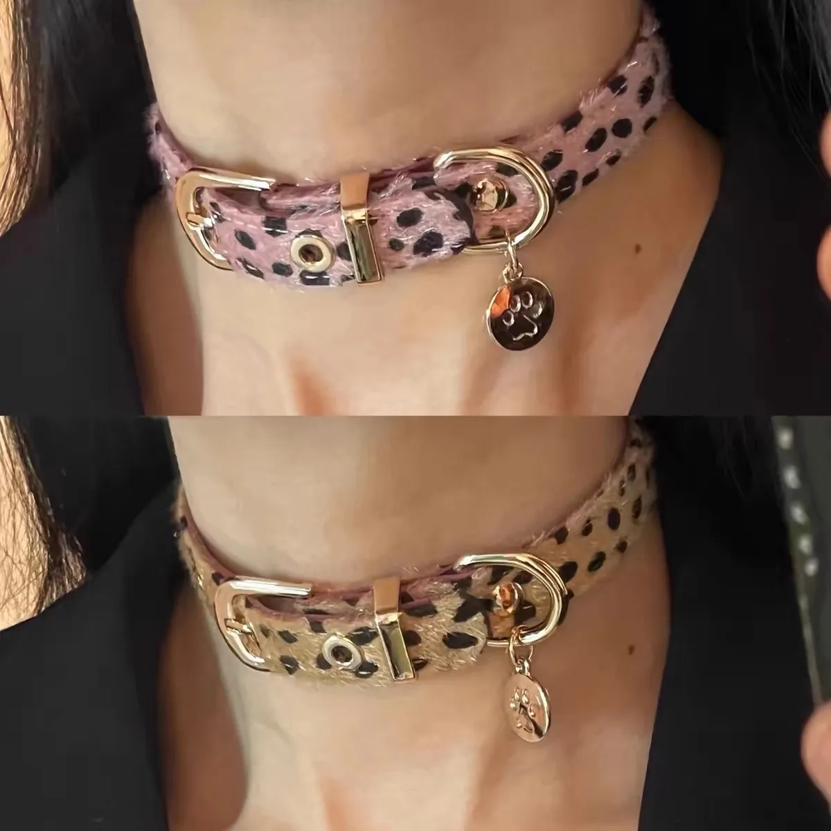 Y2k Sweet Cool Punk Puppy Footprint Pendant Necklace Leopard Pattern Plush Choker Collar Leather Neck Belt Party Jewelry Gifts