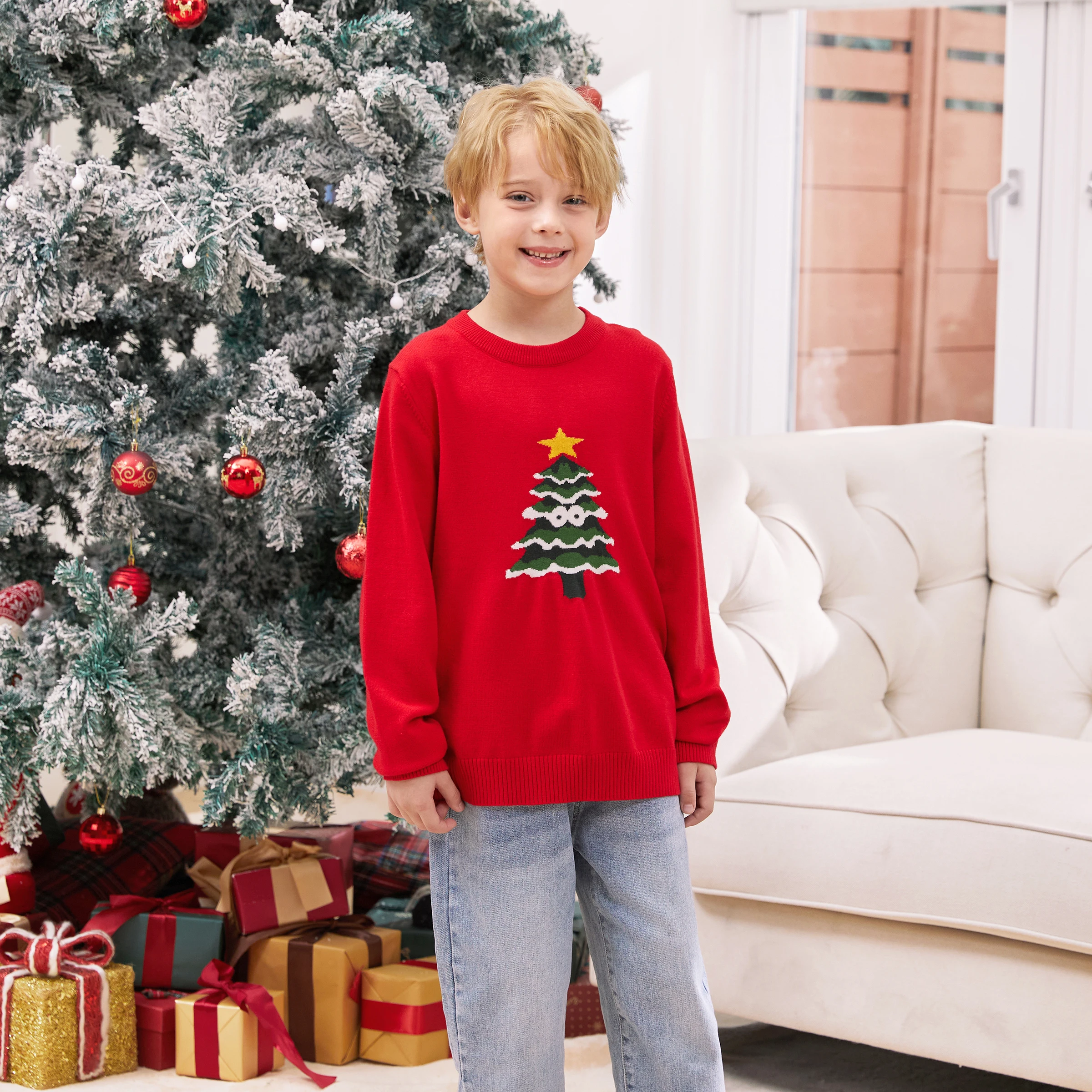 thumbnail image 4 of Suéter de árbol de Navidad, mangas largas rojas, tops de punto, 4 of 5