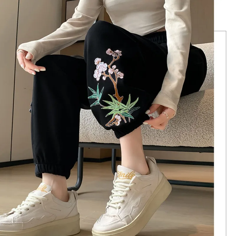 Chinese Style Solid Color Sporty Women's Spring Summer New Elasticized High-waisted Loose Button Pocket Embroidered Casual Pants