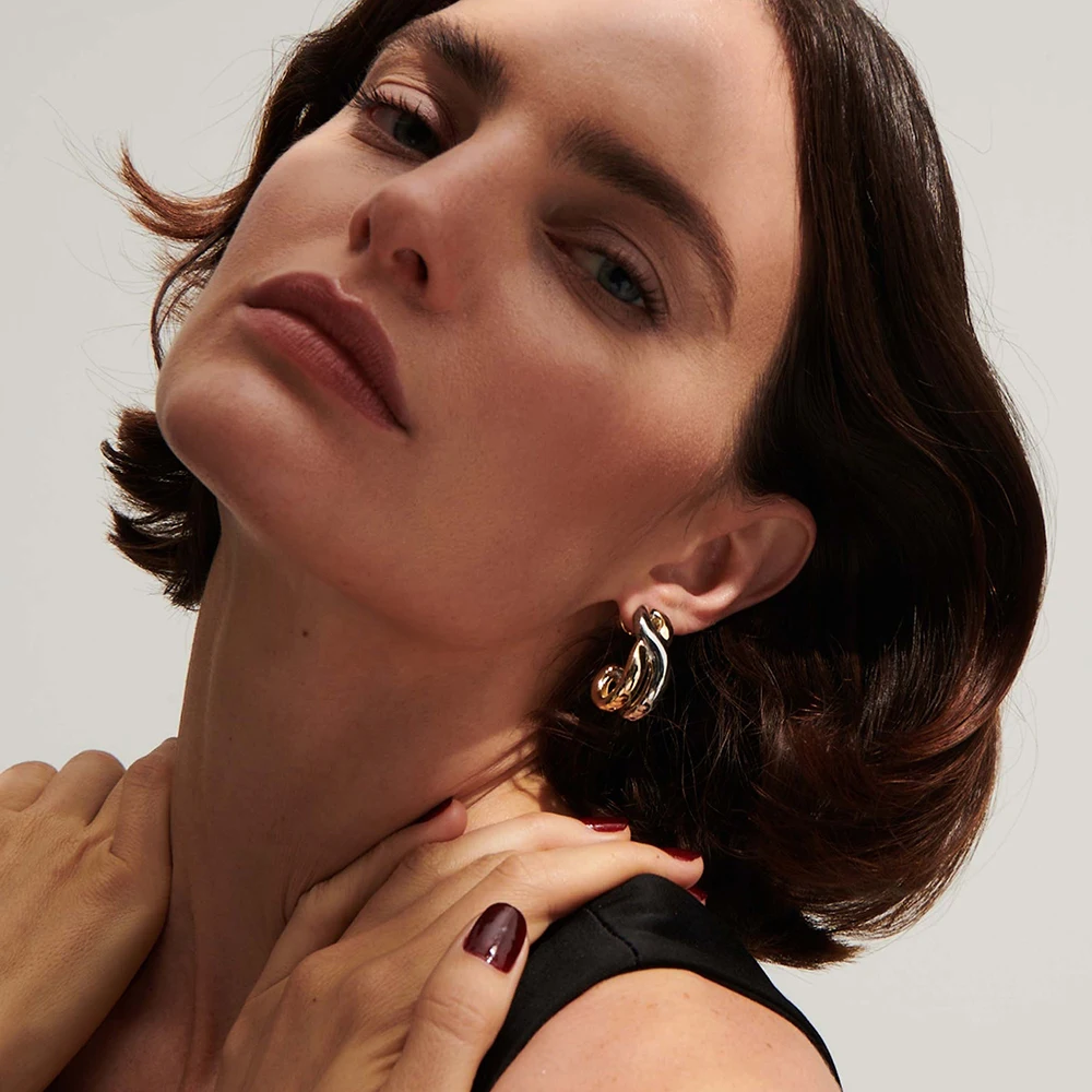 2026 Classic New Twisted Ripple Gold&silver Two-tone Huggie Hoop Earrings Geometric Spiral Lightweight Stainless Steel Jewelry