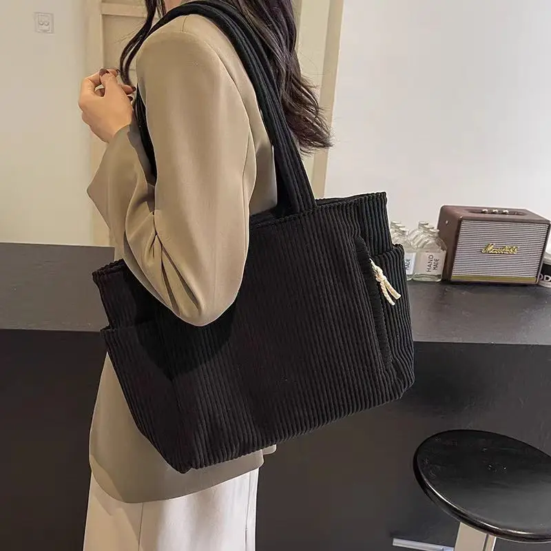 Shoulder Bag Casual Corduroy Handbag with Zipper Closure Light and Large Capacity Fixed Shoulder Strap Solid Color Daily Commuter Handbag shoulder bag