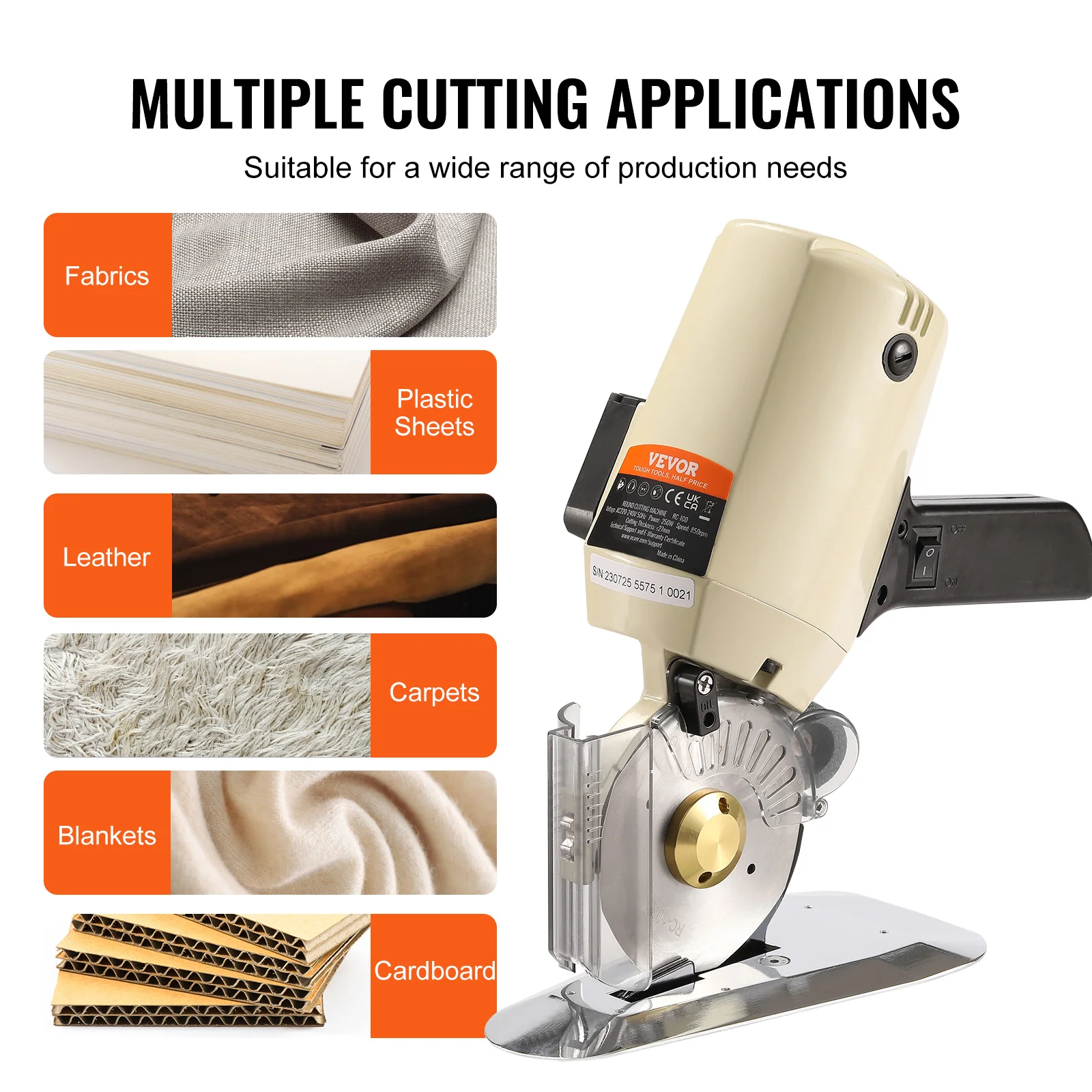 VEVOR 170W/250W Fabric Cutter Electric Rotary Fabric Cutting Machine 1“ / 1.1" Cutting Thickness Octagonal Knife with Blade 6