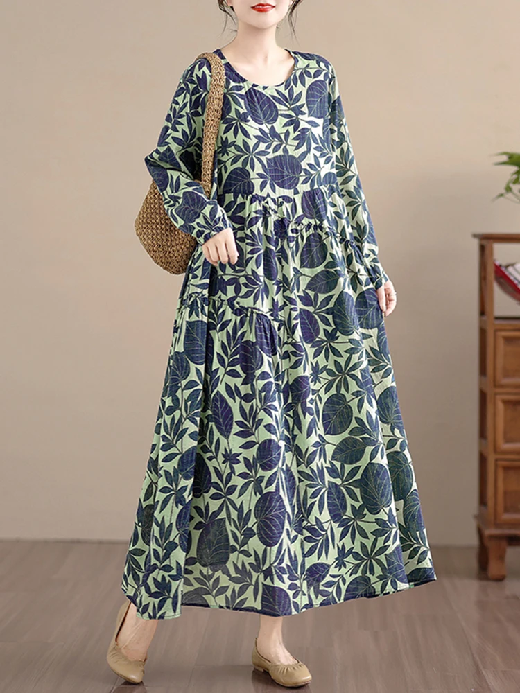 Cotton Long Sleeve Print Vintage Dresses Women Casual Loose Long Dress Office Lady Vestidos Elegant Clothing Spring Autumn 2025