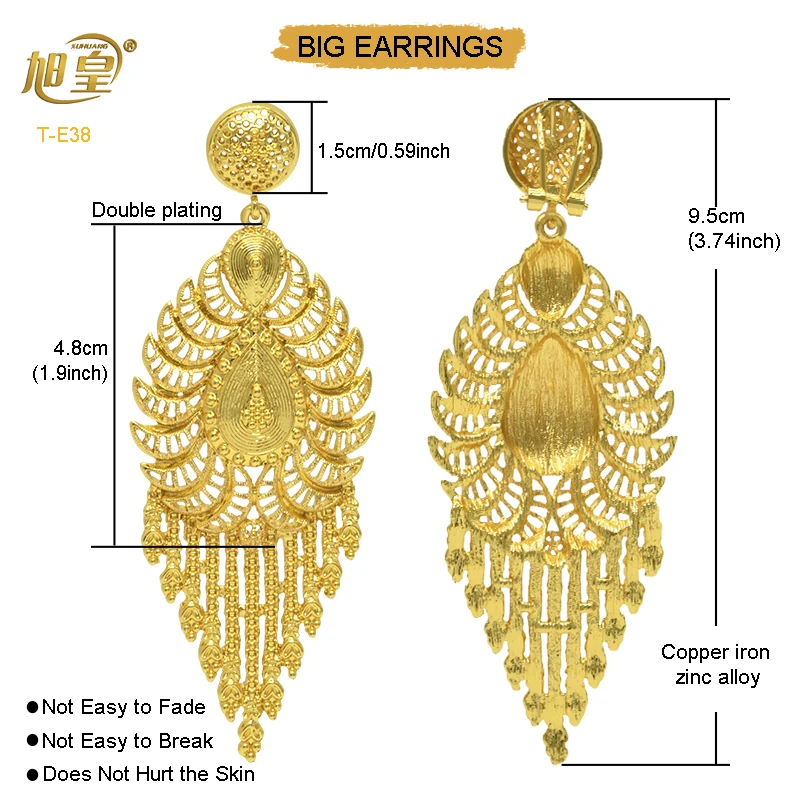 XUHUANG Nigerian Bridal Wedding Earrings With Square Shape Tassels African Dubai Plated Long Earrings Party Pendant Jewelry Gift