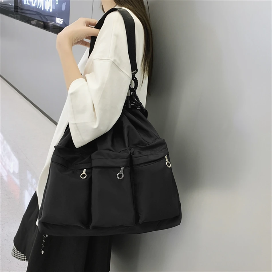 Big Black Nylon Unisex Crossbody Bag Multi-pocket Totes String