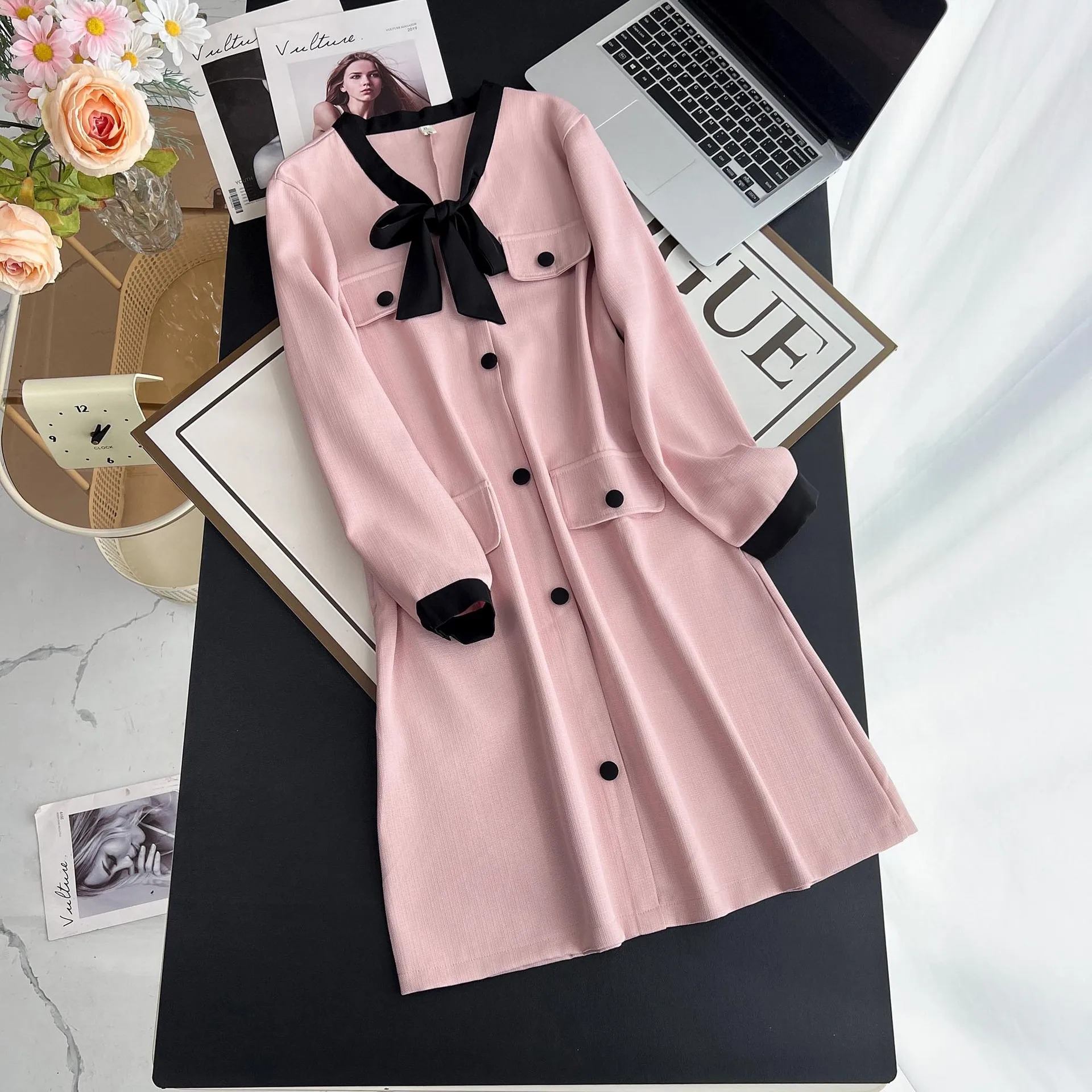 Fall New Plus Size Women Dress French Style Loose Fashion Chic Wind Bow V-Neck Pink Dress 3303