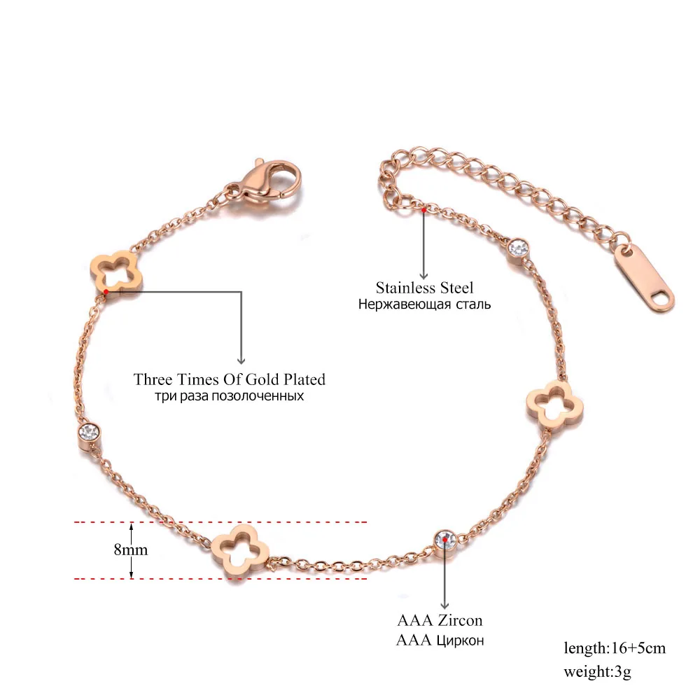 Chain Bracelet Stainless Steel CZ Crystal Flower Plant Charm for Women Girls BB19114
