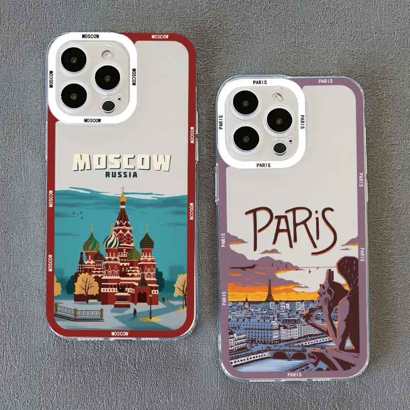 London Paris New York Scenery Building Painting Clear Phone Case Per Iphone 13 12 Pro Max 14 11 Pro Max Xs X Xr 14 7 8Plus Cover