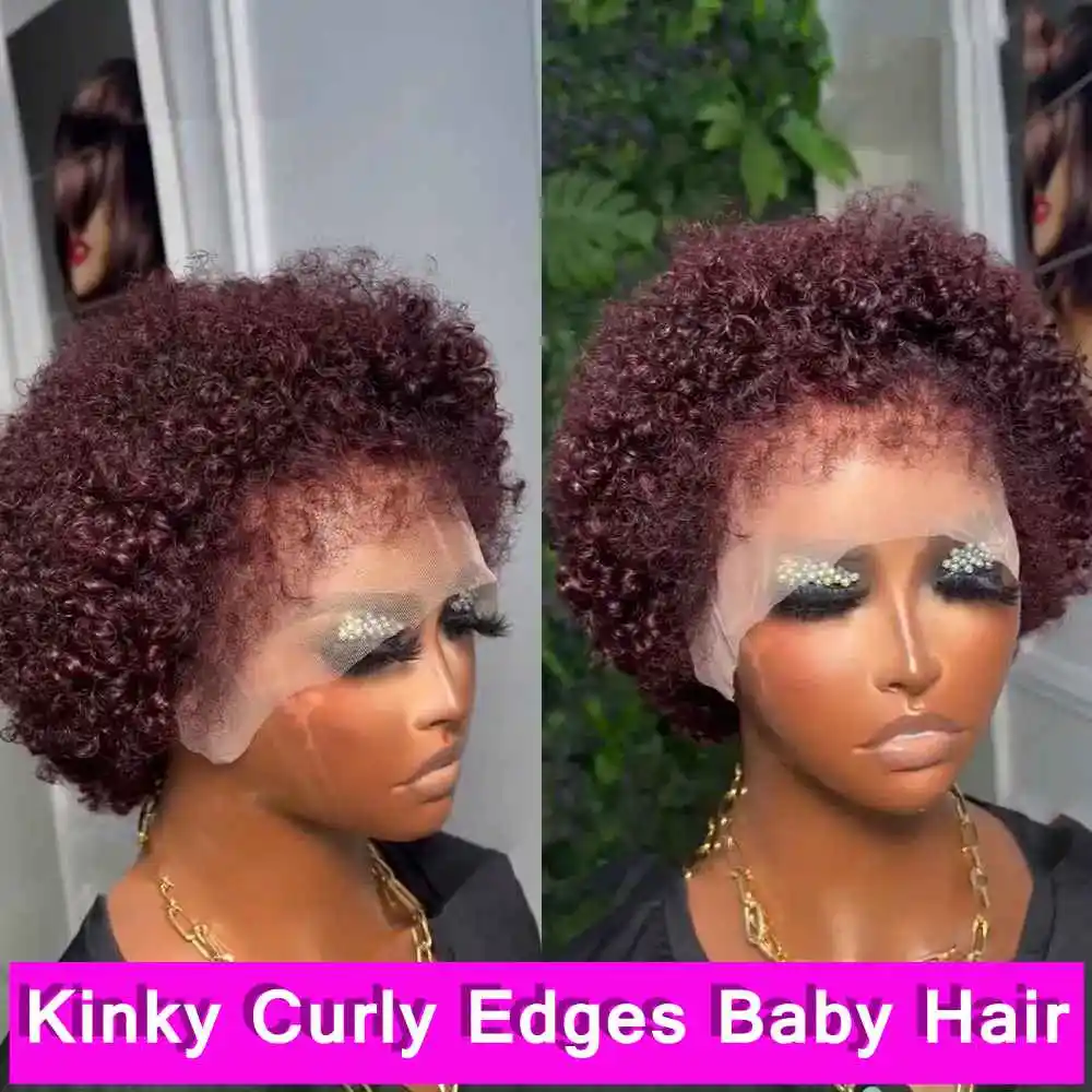 Short Wigs Human Hair Jerry Curly Human Hair Wigs 99J Pixie Cut Bob Wig Transparent 13x4 Lace Frontal With Curly Edges