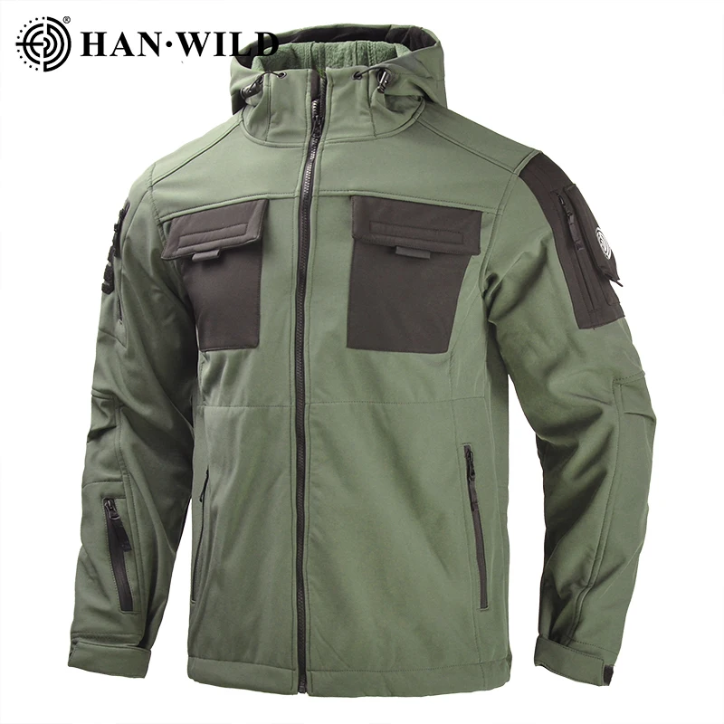 

HAN WILD Men Softshell Jackets Waterproof Outdoor Warm Fleece Jacket Hiking Raincoat Windbreaker Multicam Big Pockets