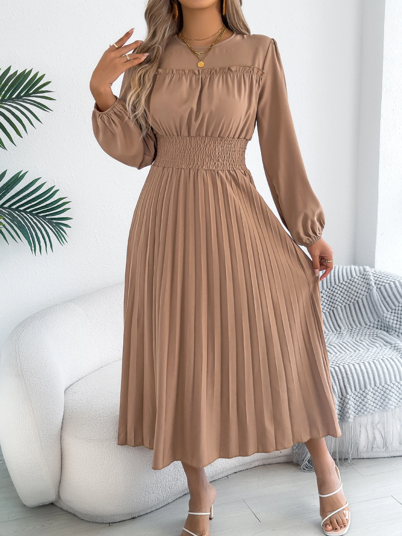 Women Autumn Winter Maxi Dress Khaki Green Blue