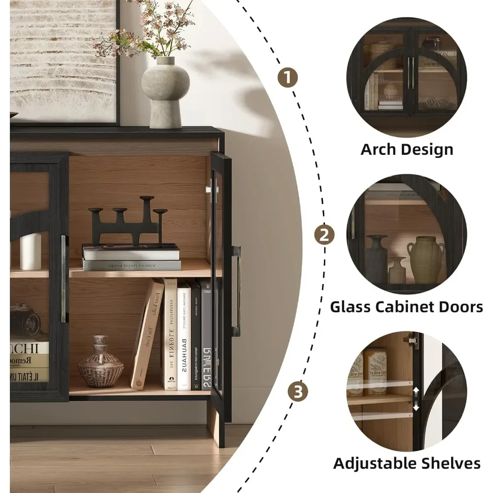2PCS Sideboards with, Glass Door, Adjustable Shelf, Modern Accent Cabinet, Modern Accent Storage Cabinet, Arched Sideboards 4