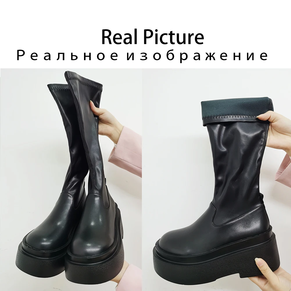 Platform Boots For Women Knee High Med Calf Chunky Heel Fashion Girls Shoes Autumn Summer Boots Slip On Goth platform boots women boots